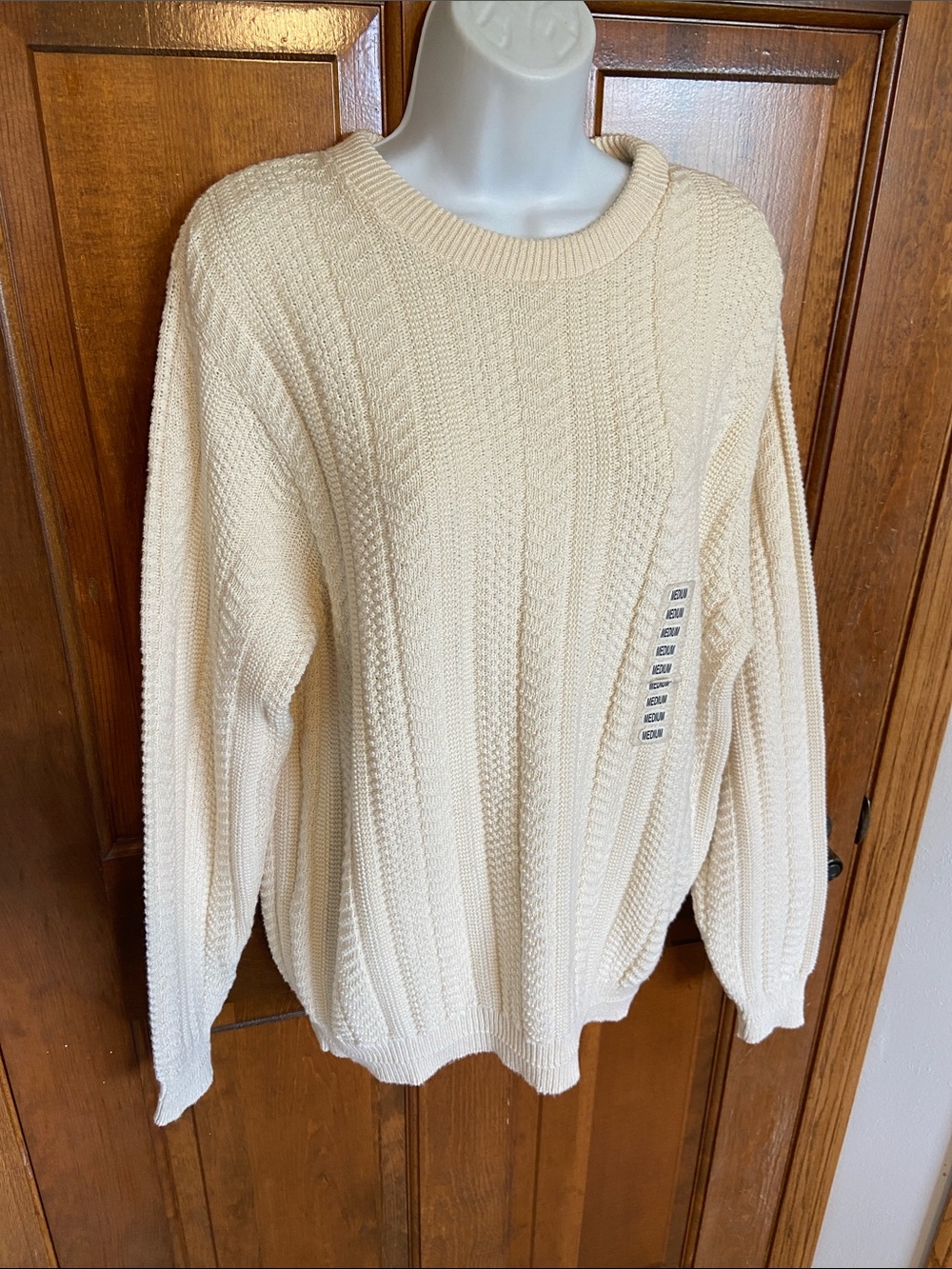 Vintage BILL BLASS Knit Sweater Men's Med Ivory Hand Framed USA Cotton Crew Neck